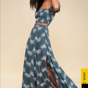Lulus Trancoso Dusty Blue Floral Print Two-Piece Maxi Dress L